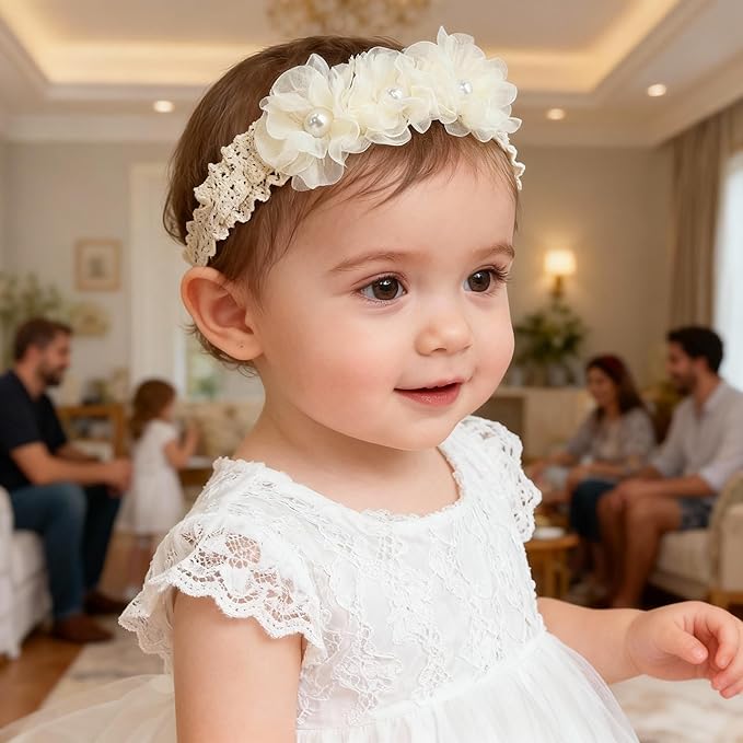 Handmade Baby Girl Headbands in Beige and Pink Lace Flowers for Newborns and Toddlers Cute Baby Girl Flowers and Newborn Headbands (Beige Lace Pearl Floral, One Size)