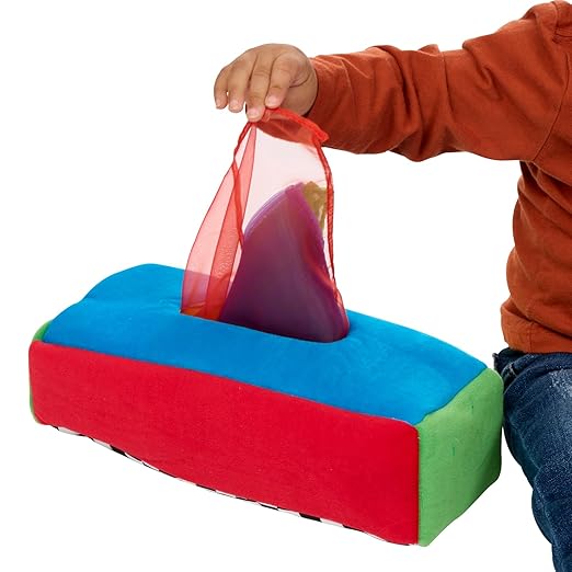 Excellerations Plush Pull & Play 12 inches L x 5-1/2 inches W x 3-1/2 inches H Tissue Box 12 Square Scarves for Children, Kids Educational Baby Toy, 9 Months and Up