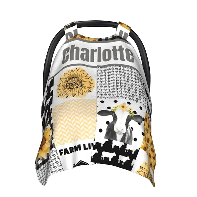 Personalized Baby Car Seat Canopy for Babies with Name, Custom Car Seat Covers for Boys Girls, Infant Opening Minky Nursing Breastfeeding Stroller Cover Carseat Canopies for Newborn (Farm Cow)