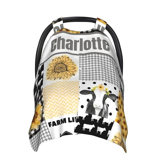 Personalized Baby Car Seat Canopy for Babies with Name, Custom Car Seat Covers for Boys Girls, Infant Opening Minky Nursing Breastfeeding Stroller Cover Carseat Canopies for Newborn (Farm Cow)