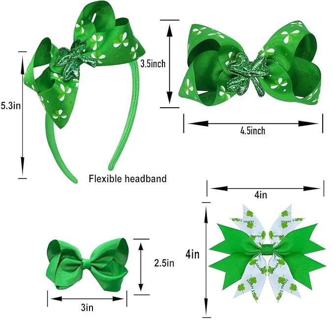 7PCS Lucky Shamrock Hair Accessories - Hair Bows Clips and Costume Accessories for Girls and Women