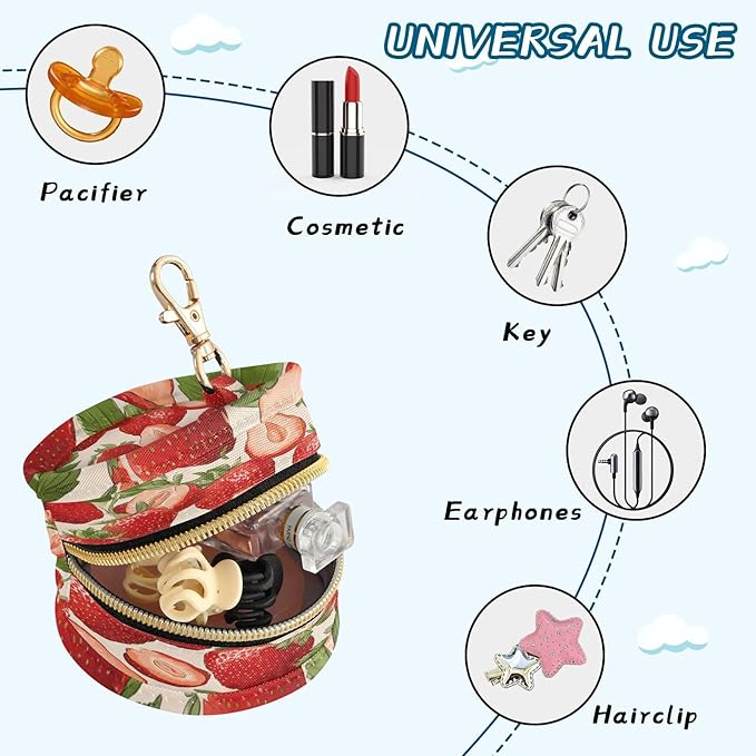 Pacifier Holder with Clip Pacifier Case for Diaper Bag Round Baby Pacifier Pouch Box Bag Portable Red Strawberries Leaves