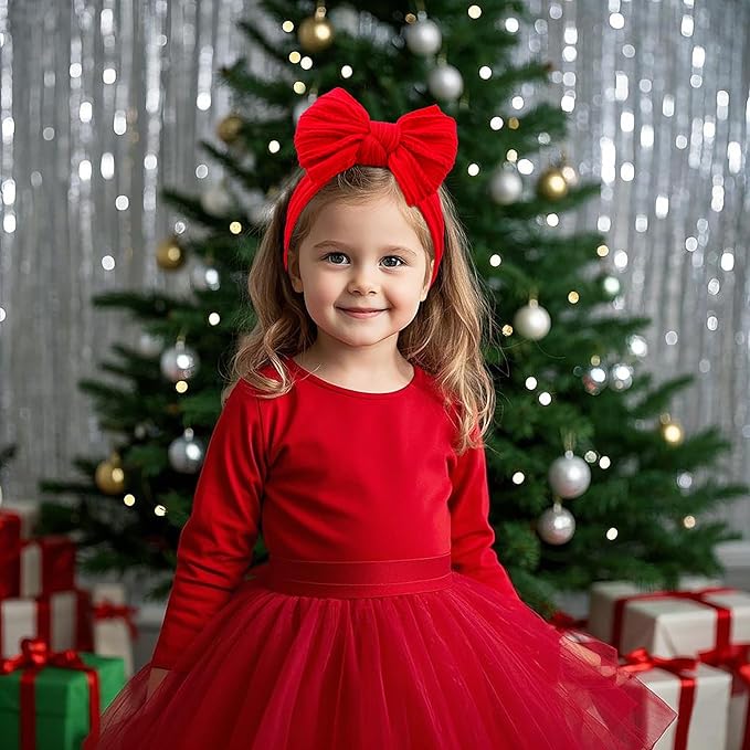 LemonSpace Handmade Baby Girls Headbands Soft Stretchy Nylon Hair Bands Hair Accessories with Bows for Newborn Baby Girls Infant Toddlers Kids (Red Green White-Merry Christmas)