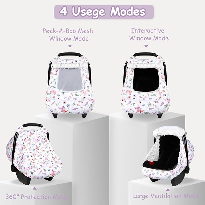 Baby Car Seat Cover, Pea Pod Universal Infant Car Seat Cover with Sunshade & Mesh Windows - Breathable Minky Lined Canopy Cover for Stroller- Soft Butterfly Carseat cover for Newborns