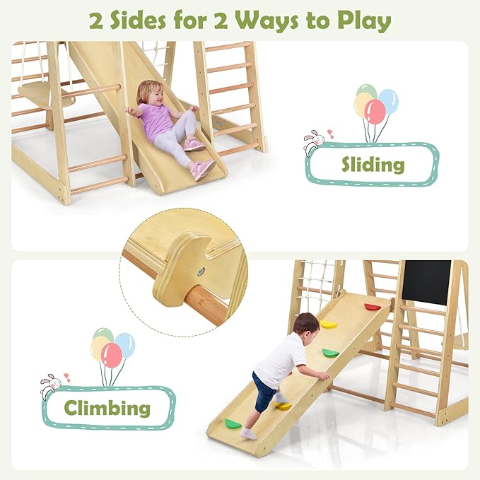Costzon Indoor Playground, 8-in-1 Montessori Jungle Gym Beech Wood Climbing Toys for Toddlers w/Double-Sided Slide, Climbing Rock/Net, Indoor Playground Climber Playset for Kids 3+ Years (Natural)