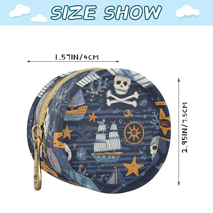 Pacifier Holder with Clip Pacifier Case for Diaper Bag Round Baby Pacifier Pouch Box Bag Portable Blue Pirate Skulls Sailboats Starfish and Compass