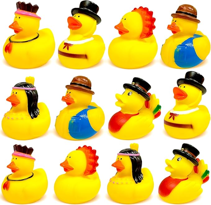 Thanksgiving Rubber Ducks, 12 Pack Turkey Ducks Bulk in 6 Styles Duckies Thanksgiving Party Favor Supplies Gifts for Kids Adults Parade Decorations Bath Duck Toys School Classroom Game Prizes
