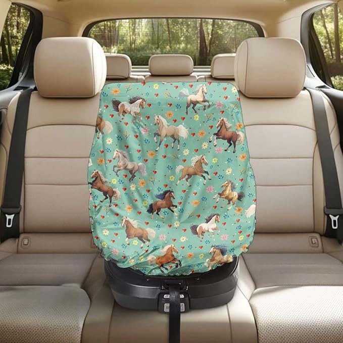 Car Seat Sun Shade Cover, Portable Car Seat Cover Baby Trend Car Seat Protector, Easy Installation for Baby & Kids, Horse Green