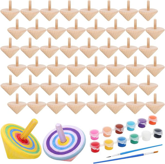 DoubleFill 48pcs DIY Wooden Spinning Tops Craft Kit Watercolor Paints Unfinished Wood Gyroscopes for Kids Educational Kindergarten Toys Spin Tops for Birthday Gifts, Family Games Party Favors