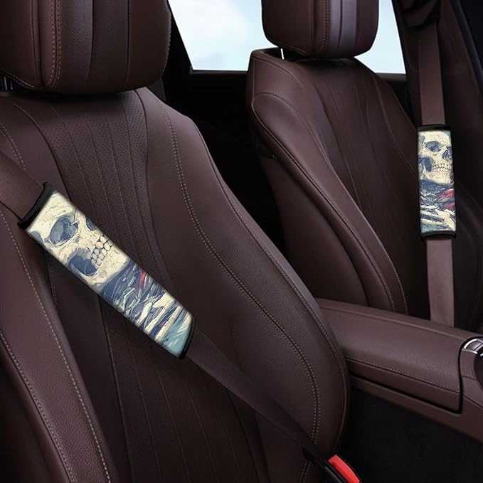 Gothic Skull Pattern Universal Car Interior Accessories Halloween Style Fit Car/Truck/SUV 2Pcs Car Seat Belt Strap Cover Skeleton Seat Belt Comfortable Soft Shoulder