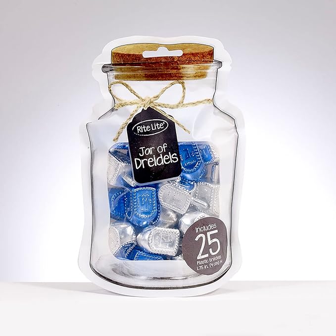 Rite Lite Jar of Dreidels, 25 Medium Plastic Dreidels - Classic Chanukah Spinning Dreidel Game - Colored Dreidels Bulk Value Pack Hanukkah Gift - Silver/Blue
