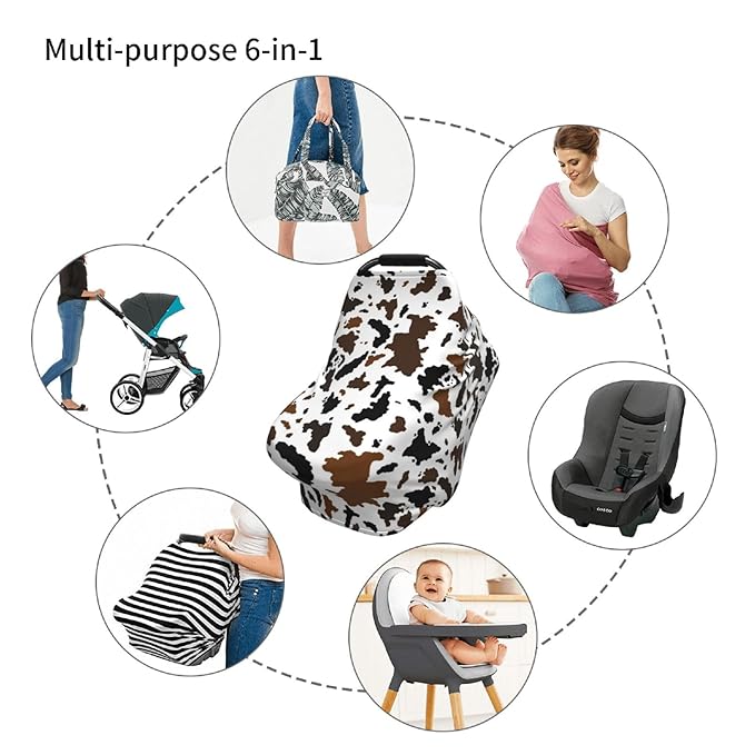 Brown Cow Print Western Baby Stuff Car Seat Covers Multi-Use Car Seat Canopy Carrier Cover, Breathable Breastfeeding Cover Boys & Girls