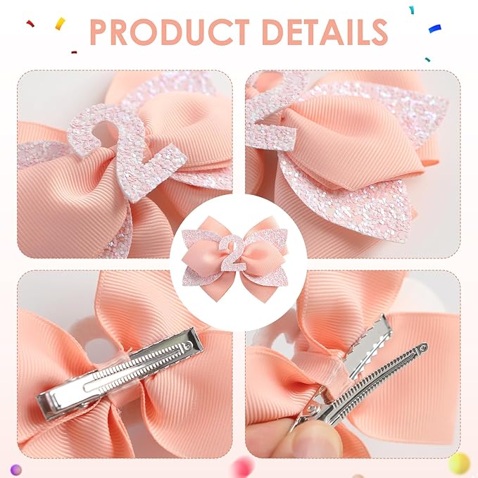 Glitter Birthday Hair Bow for Baby Girls 1 2 3 4 5 6 Years Peach Party Decoration Hair Accessories for Two 2nd Second Birthday
