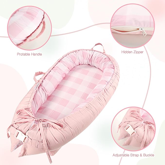 DILIMI Baby Lounger Cover, Cotton Baby Nest Replacement Cover for Girls Boys, Soft Breathable Reversible Newborn Lounger Cover, Pink Checkered (Only Cover)
