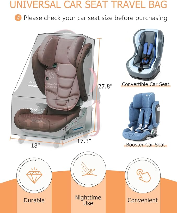 MCBD Car Seat Travel Bag for Airplane, Foldable Baby Carseat Backpack for Travel Padded Carseat Carrier for Airport Gate Check, Infant Stroller Cover with Reflective Strips