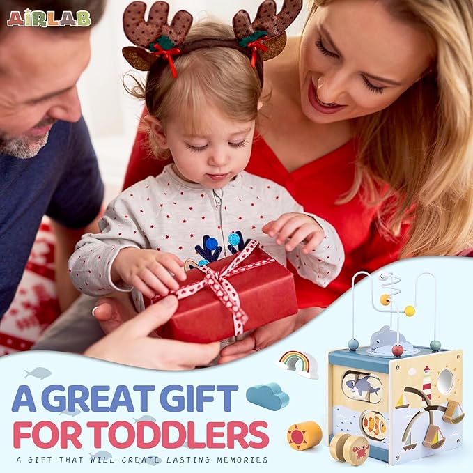 Airlab Wooden Activity Cube Montessori Toys for 1 Year Old Toddlers 12 Months + Toddler Learning Toys 1-3 Boys Girls Baby Sensory Interactive Birthday Gift