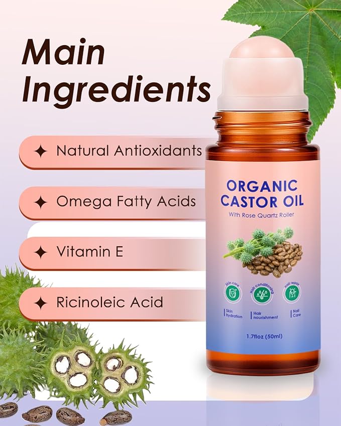 Organic Castor Oil Roll On - 2PCS 100% Pure Cold-Pressed, Hair, Face & Skin Moisturizing, Reducing Dark Circles,Nail and Cuticle Care - Easy to Apply, 50ml*2