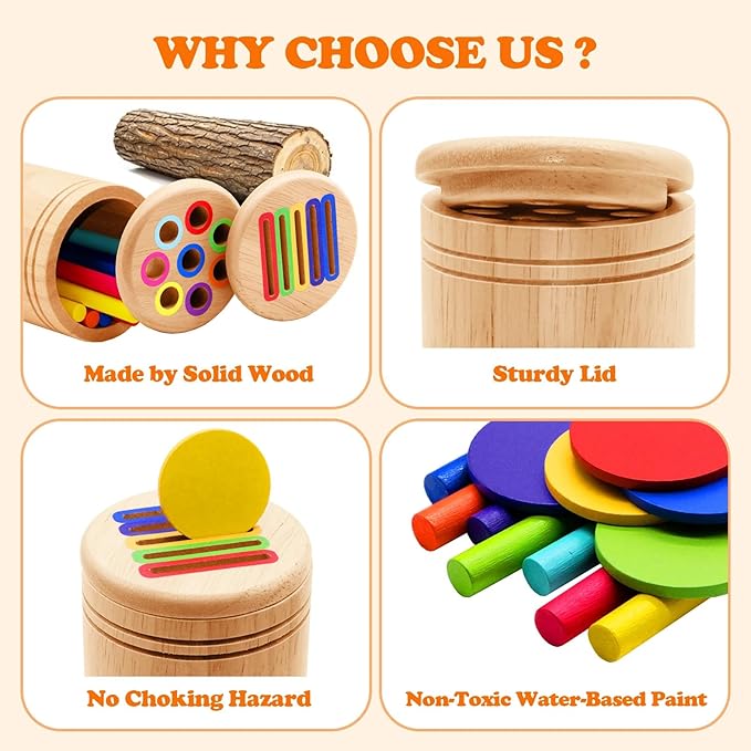 Montessori Color Sorting Toy for Toddlers Ages 1-5 – Wooden Fine Motor Skills Toy with Pegs, Sticks, Lids & Discs – Sensory Educational Activity – Gift-Ready in Box Learning Toy