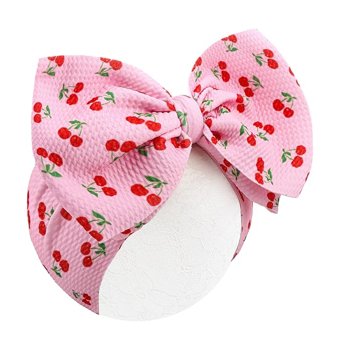 YanJie 7" Large Cherry Tied Bow Headbands for Baby Girls Pink Bow Big Bows Infant Wide Hairbands Light Pink Fruit Hair Accessories for Girl Outfit