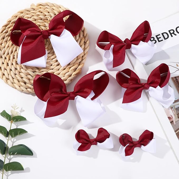 Maroon and White Bows for Girls,6PCS Hand-made Grosgrain Ribbon Hair Bows Alligator Clips Hair Accessories for Little Teen Toddler Girls Kids (Maroon/White)