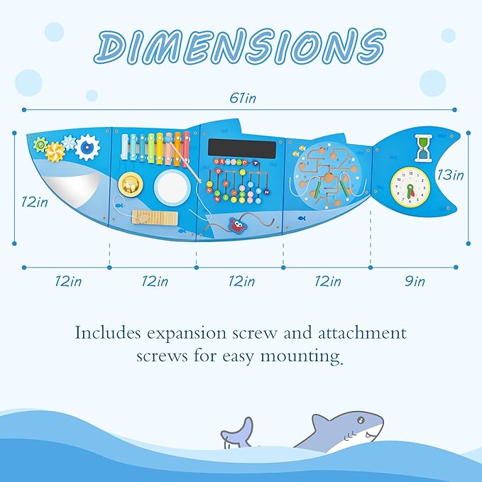 Shark Activity Wall Busy Board Panels,Busy Board for Toddlers Montessori Sensory Toys Wall Mount Wooden Learning Toy Ideal Furniture for Playroom & Children's Daycare