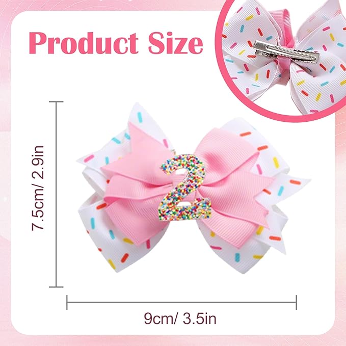 2 Pack 2nd Birthday Hair Bow for Baby Girls, Pink Hair Clips Hair Accessories for Girls 1 2 3 4 5 6 Years Birthday Confetti Ice Cream Party Supplies Decorations