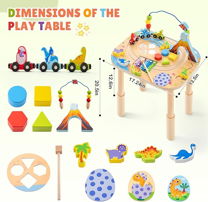 Activity Table for 1 Year Old with Two Height Levels,Wooden Sensory Play Table for Toddlers 1-3,8 in 1 Montessori Learning Toy with Bead Maze, Shape Sorter,Train,Gift for Baby Boys Girls (Dinosaur)