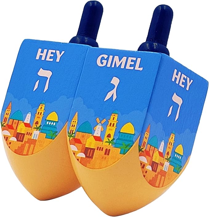 The Dreidel Company - 10-Pack Jerusalem Wood Dreidels, The Hanukkah Game, Extra Large (Pack of 10)