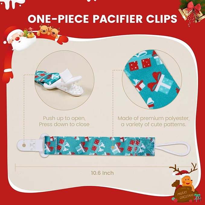Baby Pacifier Clip,Paci Leash Binky Clips for Baby Boys and Girls,Newborn Essentials,Pack of 6 Gift Set. (Christmas)