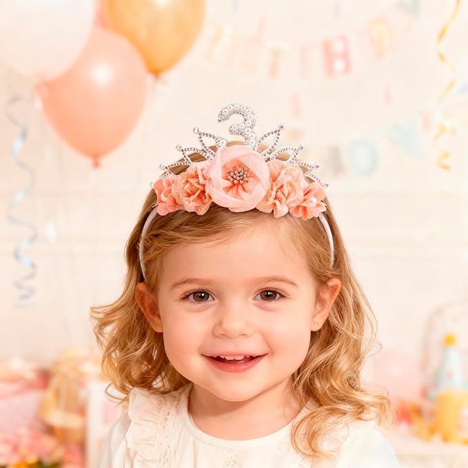 cherrboll Baby Girl Birthday Crown Floral Headband, Soft Flower Head Wrap Tiara Hairband for 1-3 Years Old Toddlers Kids 3rd Birthday Party Dress Photo Decoration