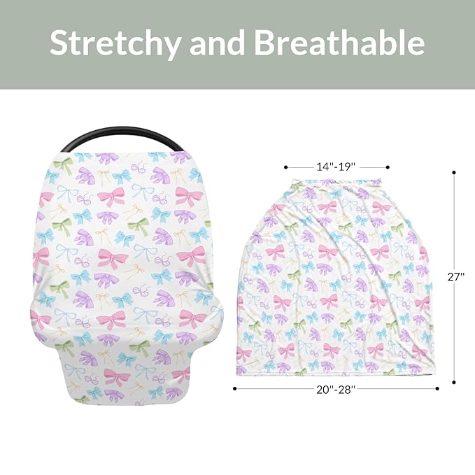 Spring Pastel Bows Baby Car Seat Covers Colorful Rainbow Bows Stretchy 5-in-1 Cover Adjustable Car Canopy Cover Cute Girly Breathable Nursing Cover-Up