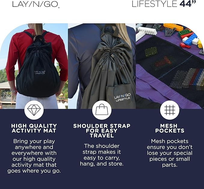 Lay-n-Go Layflat Portable Drawstring Cinch Storage Toy & Mini Figures Organizer & Play Mat, Mesh Pockets, Home & Travel, Kids & Toddlers Playdates, 2 Straps for Backpack, Durable, Machine Washable