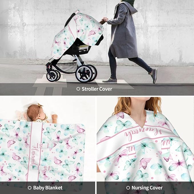 Custom Baby Car Seat Canopy for Babies with Name, Personalized Stroller Car Seat Covers for Girls, Butterfly Minky Nursing Carseat Cover for Breastfeeding, Car Seat Canopies for Newborn