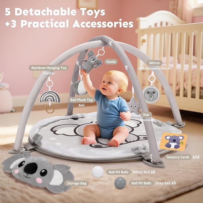 7-in-1 XL Large Baby Play Gym Mat, Tummy Time Mat, Baby Gym & Ball Pit, Baby Activity Mat with Milestone Cards & 6 Detachable Toys for Sensory Motor Skill, Grey Koala