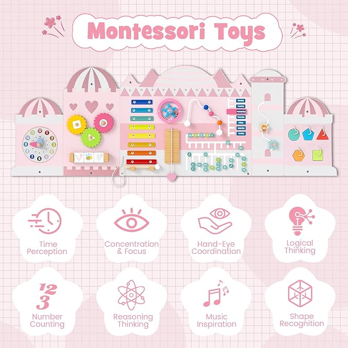Olakids Pink Castle Sensory Wall, 11 in 1 Wooden Montessori Busy Board Panel, Toddler Wall Mounted Activity Center, Educational Toys Learning Gift for Boys Girls