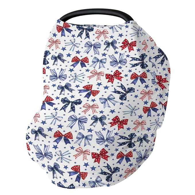 Red White & Blue Bows Baby Car Seat Covers Patriotic Ribbons Stars Stretchy 5-in-1 Cover Adjustable Car Canopy Cover Cute 4th of July Party Breathable Nursing Cover-Up