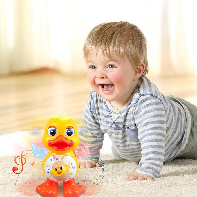 Duck Toy for, Dancing Yellow Duck, Battery-Operated Cartoon Animal with LED Light, for Early Crawling Practice Stroller Floor Exploration Playtime Home Car Seat