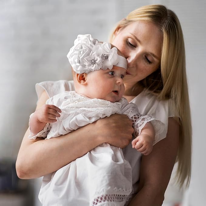 2 Pcs Baby Girls Baptism Christening Headbands Newborn Infant Toddlers Flower Crown Lace Bow Hairband (Cross Rhinestone)