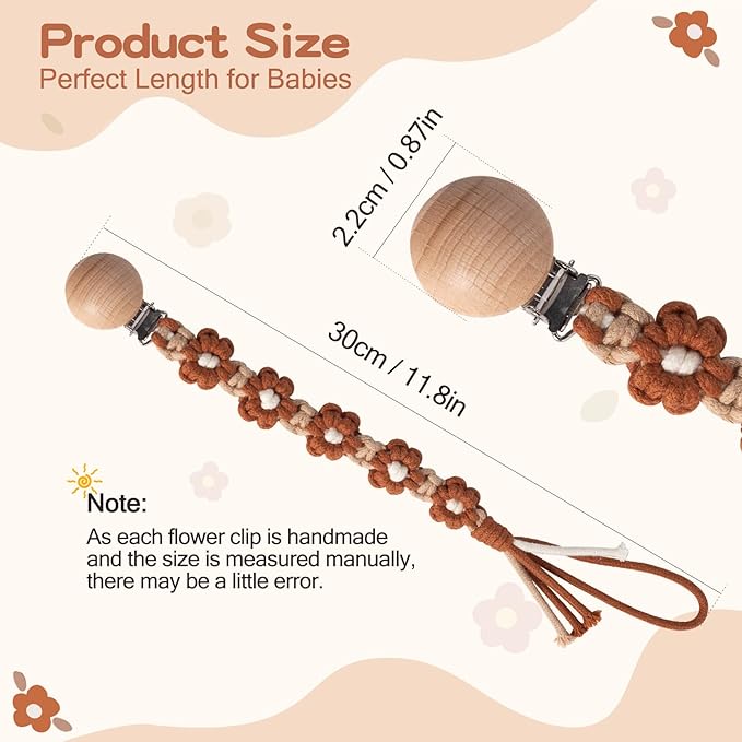 Pacifier Clip for Boys Baby Girls Floral Daisy Macrame Paci Clip Boho Wooden Clips Handmade Braided Cotton Binky Clips Pacifier Holder Leash Birthday Gift