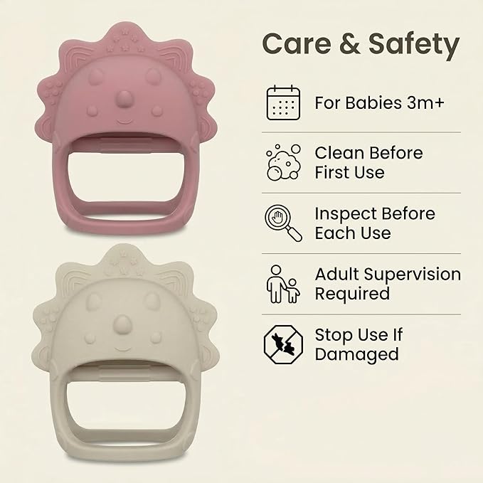 Baby Teething Toys 2 Pack, Dinosaur Mitten Teether and Ring Sun Teether with 6 Chewing Points, Silicone Chew Toys for Infants 0-6 6-12 Months, BPA Free Soothing Gum Relief Set (Two Colors)