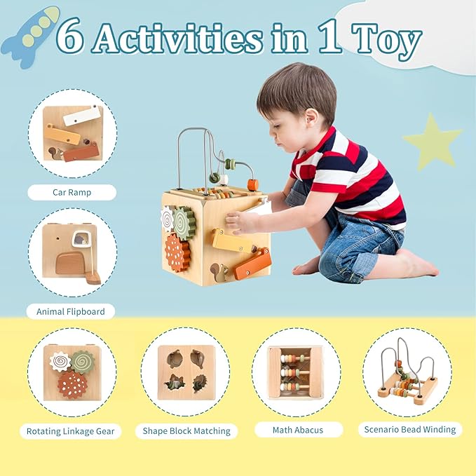 Wooden Kids Baby Activity Cube - Boys Gift Set | One 1, 2 Year Old Boy Girl Gifts Toys | Developmental Toddler Educational Learning Boy Toys 12-18 Months | Bead Maze, First Birthday Gift