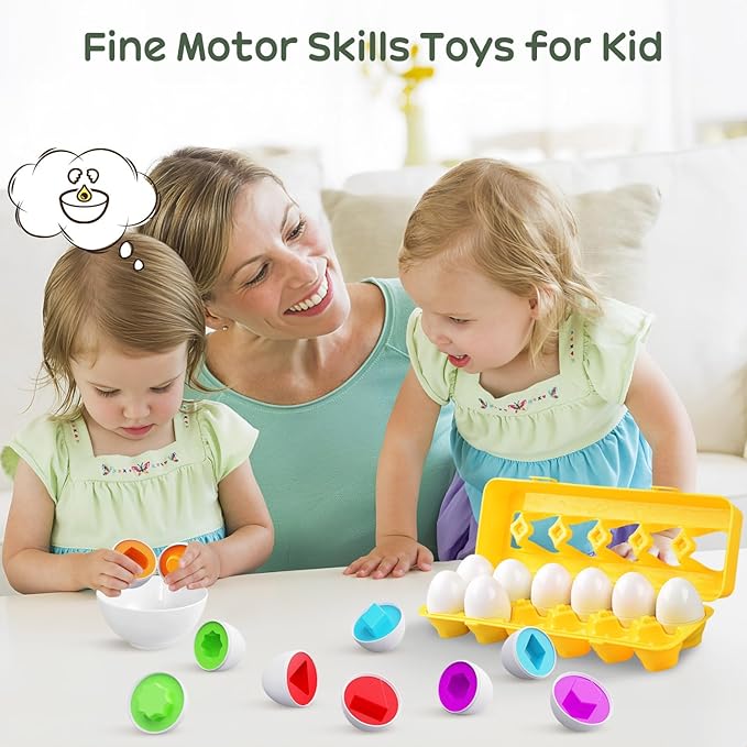 CPSYUB Matching Egg Toy 12 PCS for Toddlers Ages 1-3 Kids, Easter Eggs Shape & Color Recognition with Carton, Montessori Sensory Sorter Toddler Toys for Travel Play, Gifts for Year Old Baby (Yellow)