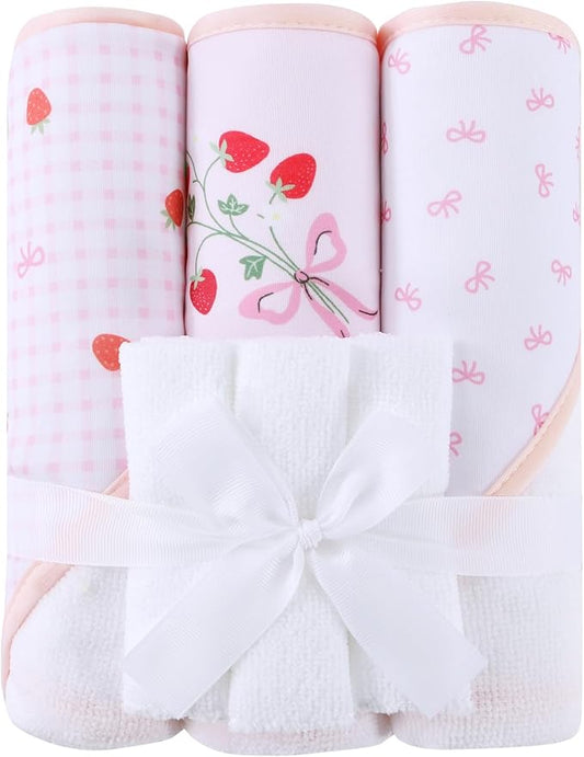 Mooreeke Baby Towel with Hood for Girls Strawberry Bath Towel for Babies Ultra Soft Absorbent 3 PCS Baby Towels and 3 PCS Washcloths for Newborn Essentials