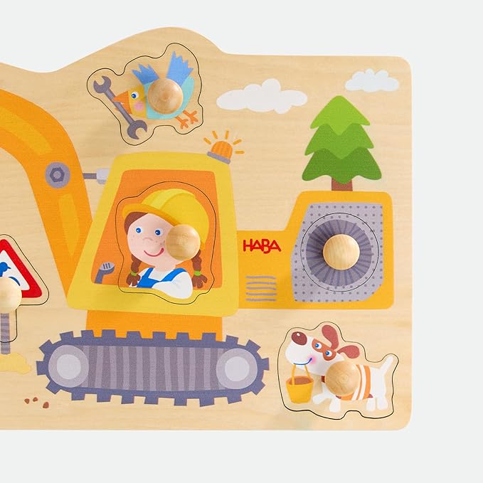 HABA Construction Site Gripping Puzzle - First Wooden Puzzle with Big Buttons - Recognize Excavator & Shovel - for Children from 12 Months - 2012171001