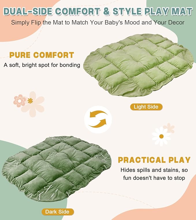 5-in-1 Baby Play Gym and Tummy Time Mat, 12 Learning Cards, Plush Activity Mat with 6 Toys, Convertible to Ball Pit, Baby Gift, Green