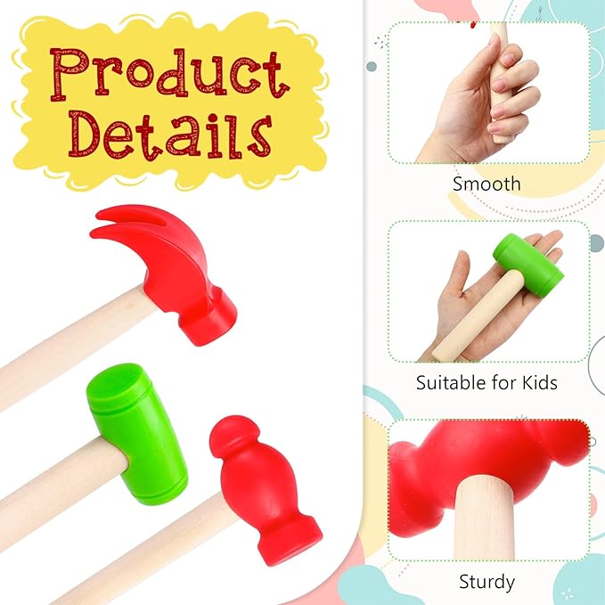3 PCS Toy Hammers, Wooden Hammer Toys Mallets, Simulation Fake Plastic Maintenance Tools for Birthday Party Supplies
