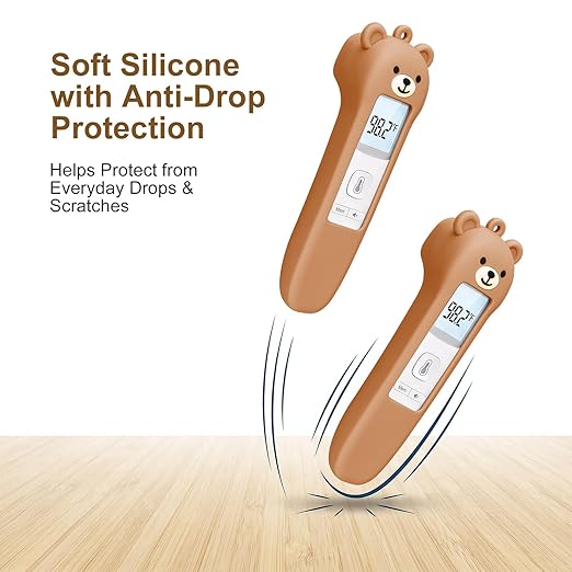 Cute Bear Silicone Thermometer Case Compatible with GoodBaby No-Touch Thermometer, Soft Anti-Drop Protective Cartoon Animal Cover Helps Calm Babies During Temperature Checks - Brown