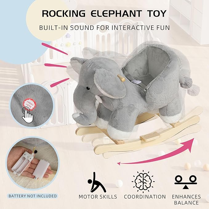 Wooden Rocking Horses Ages 1-3, Rocking Horse with Lullaby Song, Rocker Toy with Safety Belt & Footrests for Kids, Ride on Horse, Plush Rocking Animal for Christmas Birthday Gift (Grey Elephant)