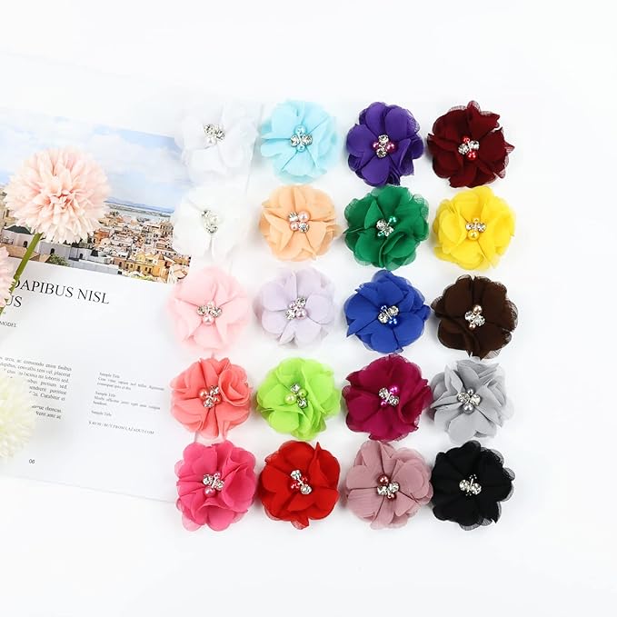 inSowni 40 Pack/20 Pairs 2" Solid Chiffon Flower with Rhinestones Pearls Ponytail Pigtail Alligator Hair Clips Barrettes 2 Inch Small Floral Bows Accessories