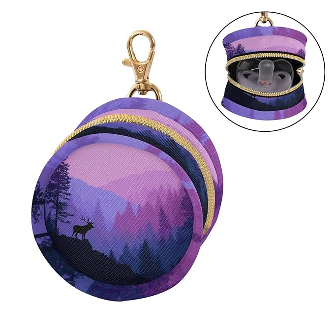 Pacifier Holder with Clip Pacifier Case for Diaper Bag Round Baby Pacifier Pouch Box Bag Portable Purple Stag Forest Trees